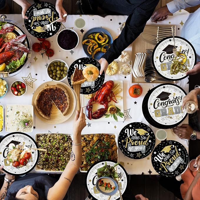 Graduation Decorations 2025 Black and Gold Grad Party Supplies with Disposable Plates, Napkins, Tablecloth, Cups and Congrats Grad Banner for 24 Guests - Graduation Party Decorations