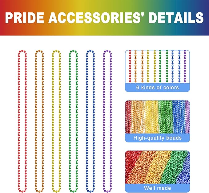 24PCS Pride Necklace Stuff, Rainbow Beads Pride Accessories, 6 Kinds of Metallic Rainbow Beads Bulk, Gay Lesbian Pride Necklace for Women Men, Costumes Decor for Pride Month Parade Throws Party Favors