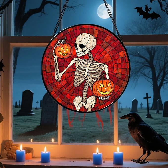 Stained Glass Window Hanging - Halloween Decorations Skeleton Pumpkin Suncatcher for Doors Garden Indoor Spooky Funny Sun Catchers Gothic Decor Horror Gifts for Women Men Friend 15 in