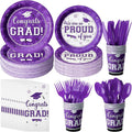 Graduation Party Supplies Congrats Grad Plates and Napkins Set Serve 50, Disposable Tableware Paper Plates Napkins Cup Knive Spoon Fork Straw for Class of 2026 Graduation Party Decorations Purple