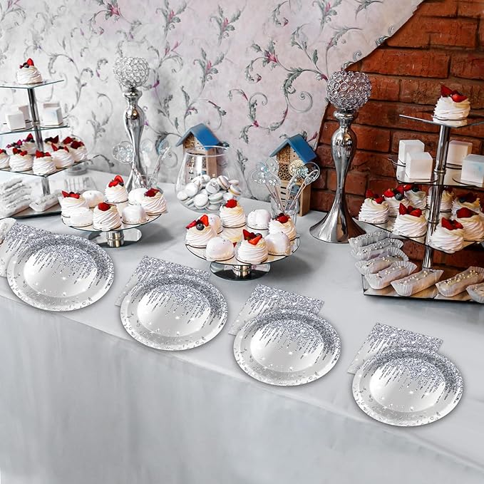 50 Pcs Silver Glitter Disposable Party Plates and Napkins Glitter Diamonds Happy Birthday Party Supplies for 25 Guests Table Decorations for Wedding Silver Birthday Decorations Paper Plates Napkins
