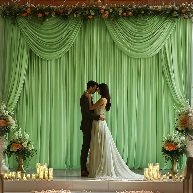 16x10FT Sage Green Backdrop Curtains for Wedding Parties, Wrinkle Free Polyester Photography Backdrop Drapes for Wedding Baby Shower Birthday Parties Stage Background Stand Decorations 4x10ft,4 Panels