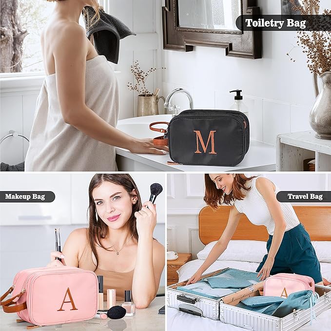 YOOLIFE Personalized Gifts for Men Women - Initial Black Toiletry Bag Makeup Bag | Travel Toiletry Bags for Women Men, Travel Essentials Water Resistant Makeup Toiletries M Black