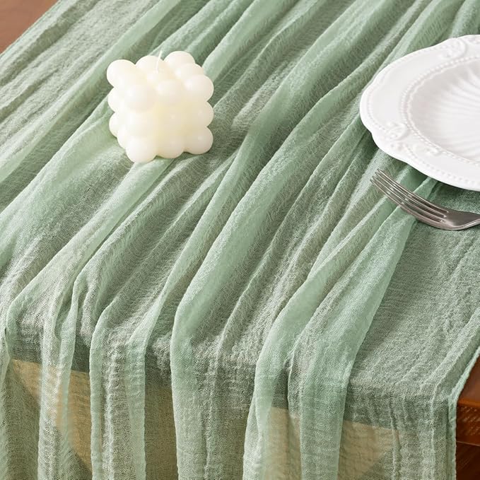 Socomi 3pcs Sage Green Cheesecloth Table Runner Gauze Easter Spring 120 Inch Rustic Boho Cheese Cloth Runner for Wedding Party Baby Bridal Shower Centerpiece Decoration Holiday Home Decorations