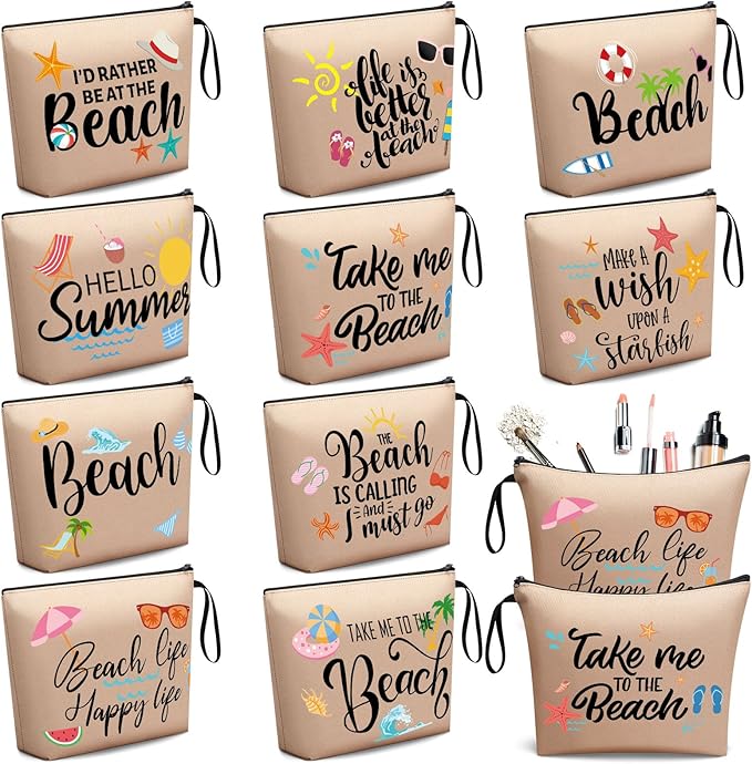 10 Pcs Beach Themed Cosmetic Bags Bulk Zipper Pouch Makeup Bag for Women Girls Sea Weekend Travel Vacation Trip Gifts Supplies Summer Party Favors Beach Accessories