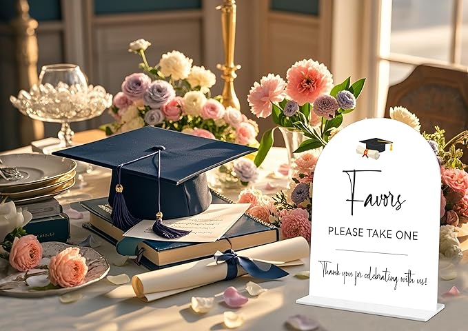 Graduation Favors Sign, 6 x 8 Inch White Arch Acrylic Grad Party Sign with Holder, Graduation Party Sign for Class of 2026, Grad Decor, High School College Party Supplies - DL10