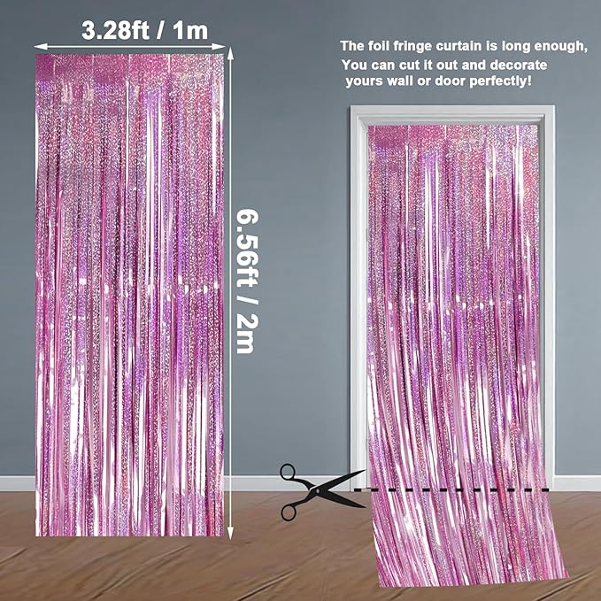 Pink Backdrops Curtains Party Decorations, Tinsel Streamers Birthday Decoration for Women Sweet 16, Photo Booth Props for Princess, Wedding, 4Pack 3.28X6.56Ft