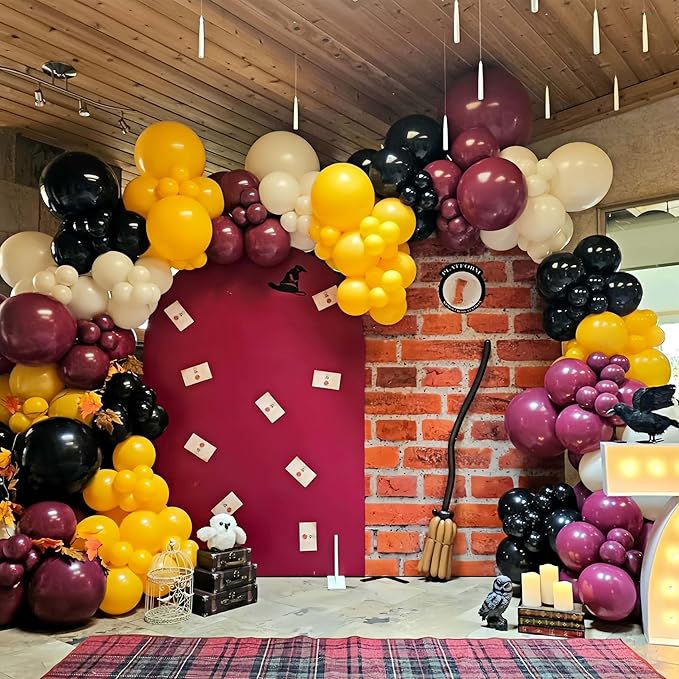 144PC Magic Balloons Arch Kit, Burgundy Black Gold Balloon Garland with DIY Broom Golden Sphere Foil Balloons, Maroon Mustard Yellow Confetti Balloon for School Birthday Decorations Party