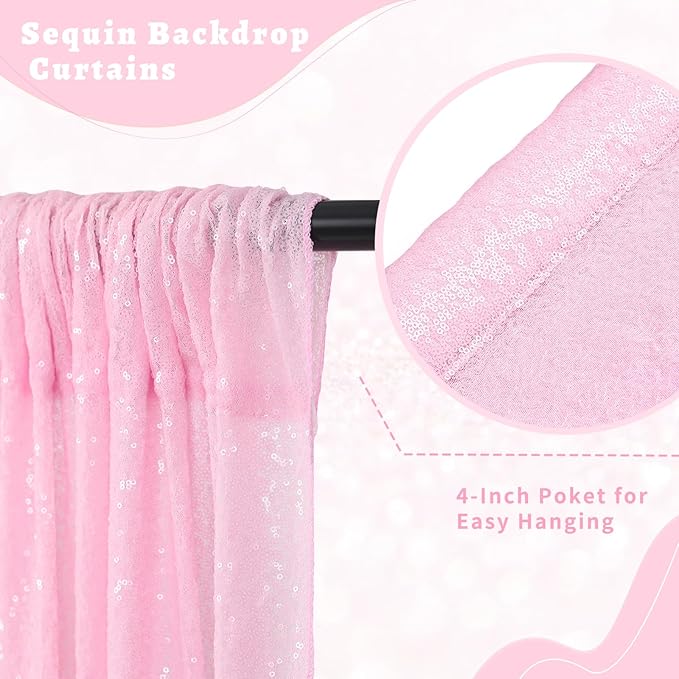 B-COOL Pink Sequin Backdrop 2ftx8ft Sparkly Backdrop Curtains 2 Panels Sequin Curtain Fabric Drapes for Girls Birthday Holiday Sweetheart Baby Shower Party Decoration