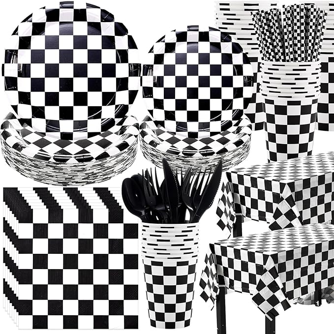 452 Pcs Checkered Flag Party Supplies for 50 Guests, Black and White Checkered Paper Plates Napkins Cups Tablecloth Cutlery Straws for Race Car Birthday Party Decorations