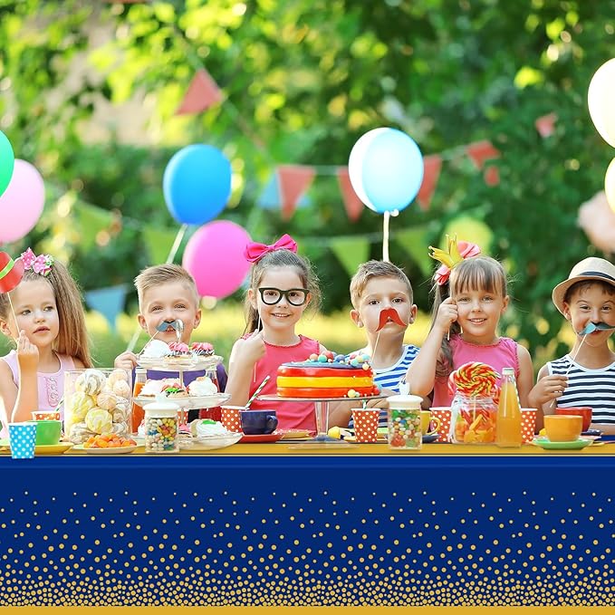 6 Pack Blue and Gold Tablecloth Party Decorations Plastic Blue Tablecloth Printed Gold Table Runner 54 x108 Inch Disposable Rectangle Table Cover for Birthday Wedding Graduation