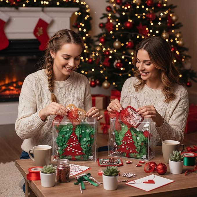 Henoyso 12 Pcs Christmas Clear Gift Bags Plastic Candy Treat Goodie Bags Red Foil Santa PVC Wrap Totes with Handles and Ribbon Xmas Party Favors (Snowman and Christmas Tree,7.8 x 7.8 x 3.1 Inch)