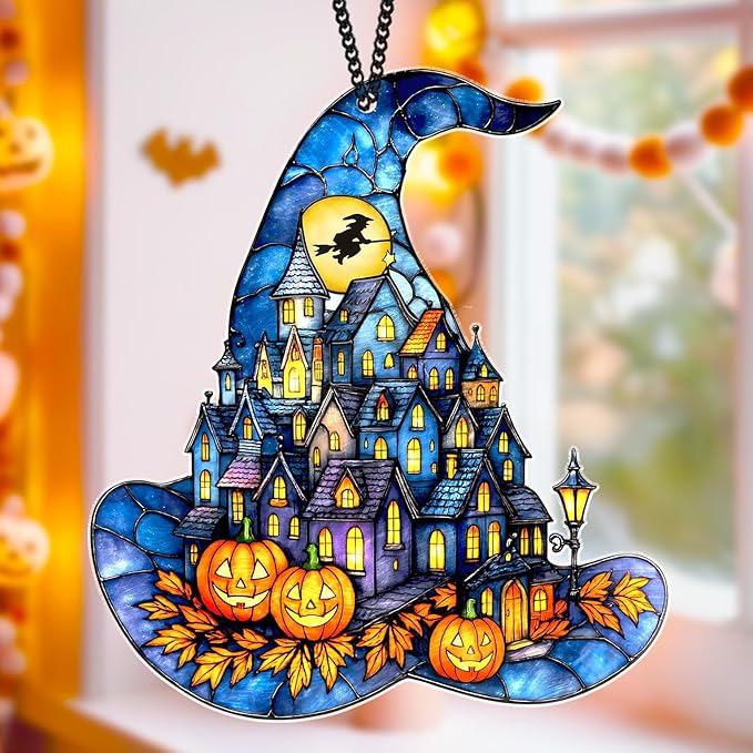 Witch Hat Suncatcher for Window Hanging, Gothic Halloween Decoration, Spooky Town Pumpkin Acrylic Ornament, Jack-o’-Lantern Fantasy Decor, Autumn Halloween Christmas Witchy Gifts for Women, Friends