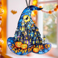 Witch Hat Suncatcher for Window Hanging, Gothic Halloween Decoration, Spooky Town Pumpkin Acrylic Ornament, Jack-o’-Lantern Fantasy Decor, Autumn Halloween Christmas Witchy Gifts for Women, Friends