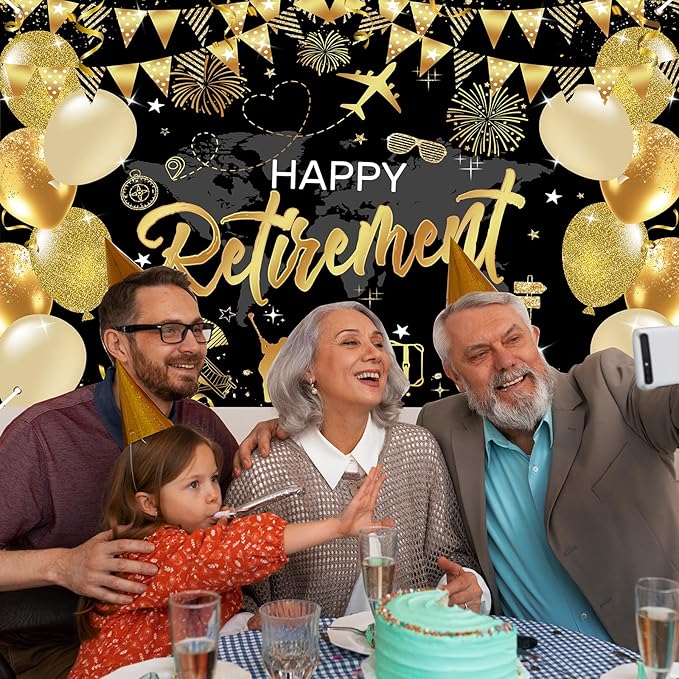 Mocsicka Retirement Party Decorations Black and Gold Happy Retirement Backdrop Banner Retired Party Decorations Photo Booth Props (Black Gold, 180x110cm)