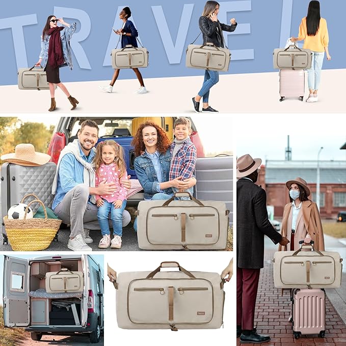 Fmeida 65L Duffle Bag with Shoes Compartment, Foldable Travel Duffel Bags for Men Women, Large Packable Travel Bag Water Repellent & Tear Resistant (Beige)