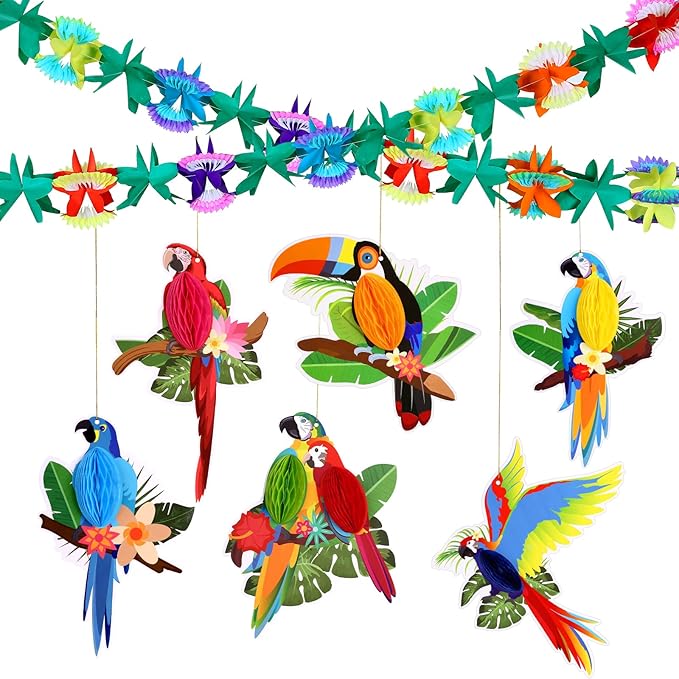KESOTE Hawaiian Tropical Luau Party Decorations, 20Ft Tropical Garlands & 6 Birds Honeycomb for Summer Tiki Bar Beach Party Decorations Supplies