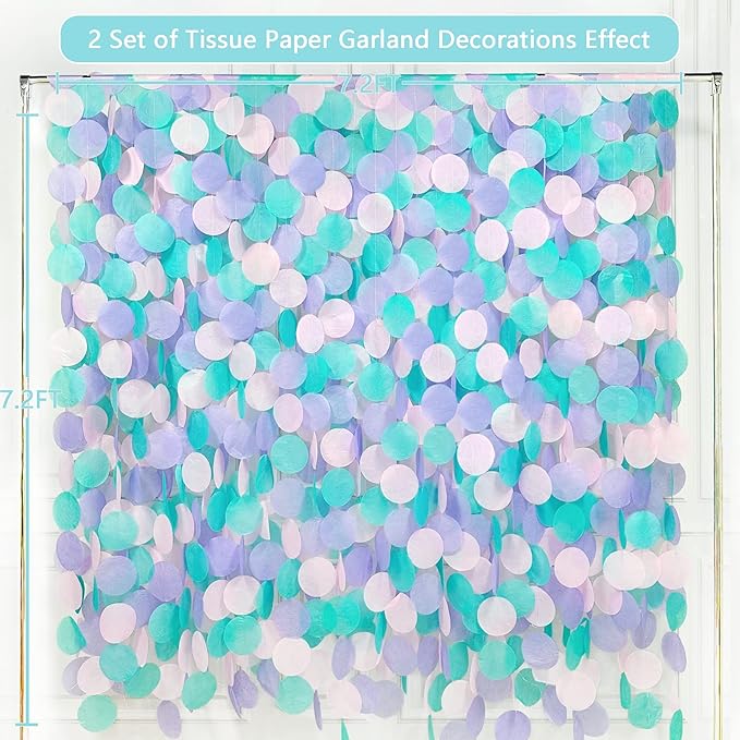 205 Ft Teal Purple Party Decorations Big Circle Dot Backdrop Garland Tissue Paper Polka Dots Hanging Curtain Streamer for Mermaid Under the Sea Birthday Bachelorette Wedding Baby Shower Party Supplies