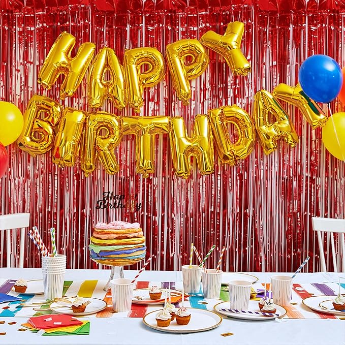 6 Pack Red Foil Curtain Backdrop 3.2ft x 6.6ft Metallic Tinsel Fringe Backdrop Curtains Streamer Photo Booth Backdrop for Birthday Engagement Bachelorette Christmas Holiday Party Decorations