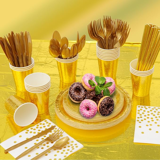 Sparkling Star Patterned Disposable Tableware Set, 201 Pieces, Tablecloths, Cutlery, Napkins, Cups, Straws, Plates for Parties, Birthdays, Graduations, Kids Events. 25Guest (Gold)