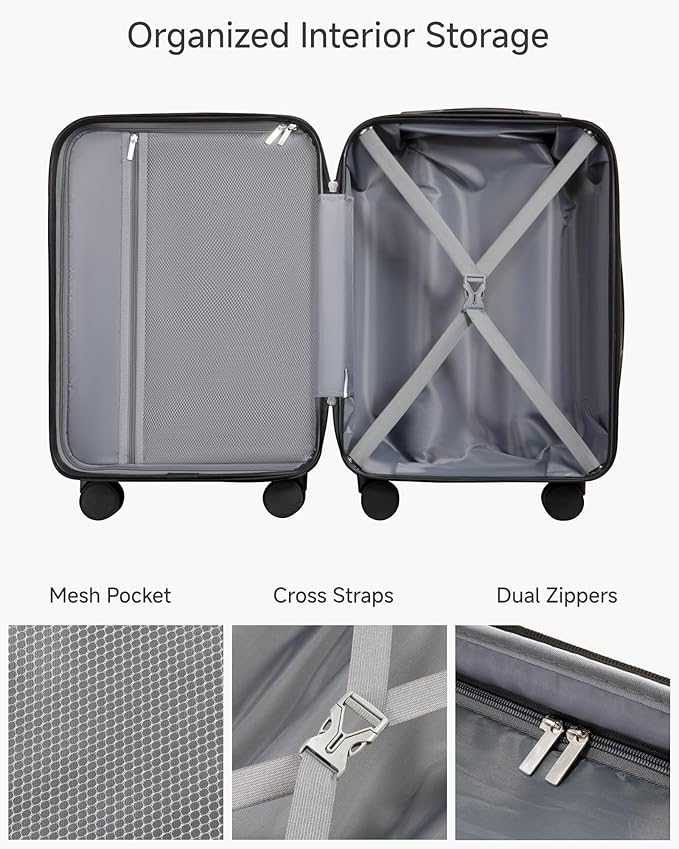 YOETEY Carry On Luggage 22x14x9 Airline Approved, 20" Hardside Suitcase with Front Pocket for Laptop, Lightweight Spinner Luggage with TSA Lock & Matching Tote Bag (3 Piece Sets, White)