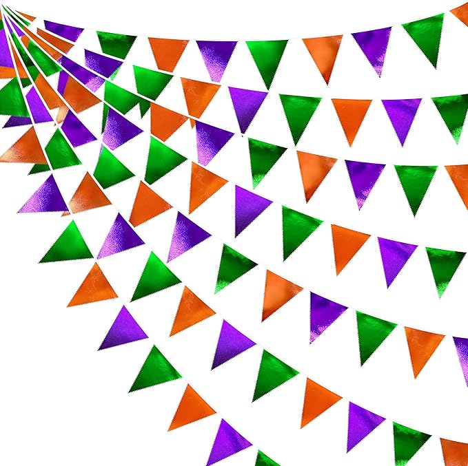 Halloween Party Decorations Metallic Fabric Green Orange Purple Triangle Pennant Banner Flag Bunting for Trick or Treat Spooky Hey Boo Happy Halloween Holiday Birthday Baby Shower Party Supplies