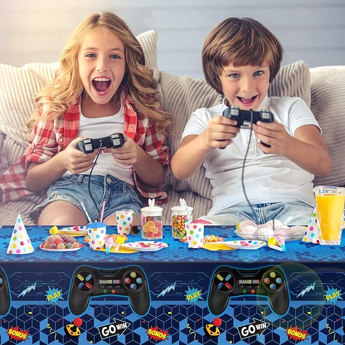 Tatuo 3 Pcs Video Game Table Cover, Game Theme Birthday Decoration Plastic Table Cloth Party Supplies for Boys Girls Kids Player Geek Party Decorations, 54 x 108 Inch (Blue)