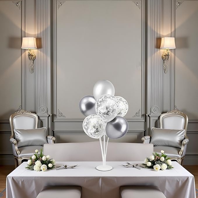 Silver Balloon Stand Centerpiece Table Decorations for 25th Wedding Anniversary Birthday Bridal Shower Father's Day Mother's Day Platinum Party Decorations(Silver gray set4)