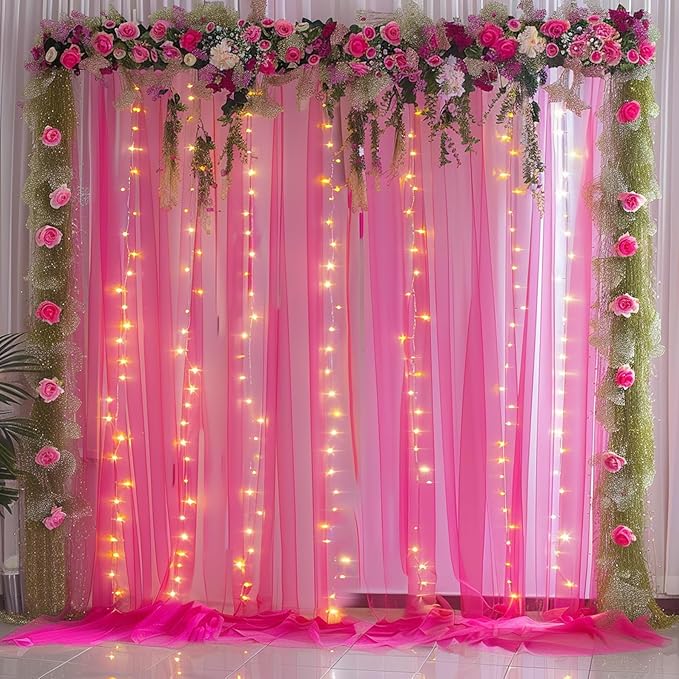 10x10ft Hot Pink Tulle Backdrop Curtain with Lights String for Parites, Sheer Backdrop Curtains for Wedding Baby Shower Birthday Party Photo Shoot Decorations