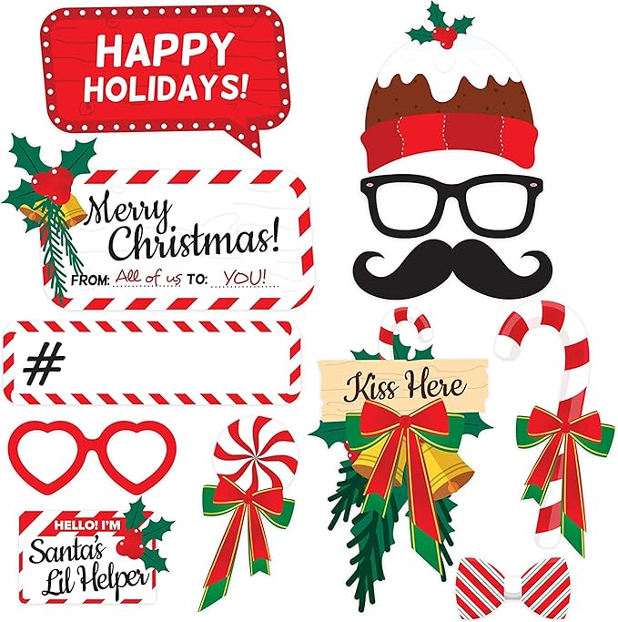Christmas Photo Booth Props 38pc Set - Christmas Party Decorations, Party Favors, Games & Supplies for Kids Adults - Christmas Photo Props Backdrop Table Decorations Accessories
