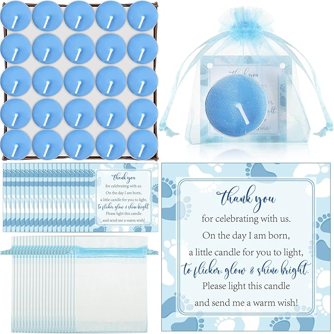 50 Sets Baby Shower Party Favors Including 50 Pcs Unscented Tealight Baby Shower Candles Gift Bags Cards for Gender Reveal Party Supplies(Blue)