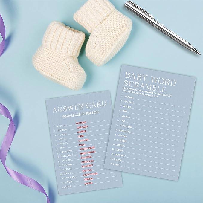 Minimalism Baby Shower Game Kits - Mist Blue - Family Feud - 30 Fill In Game Cards & 1 Answer Card, Party Favor, Gender Reveal, Announcement - A05