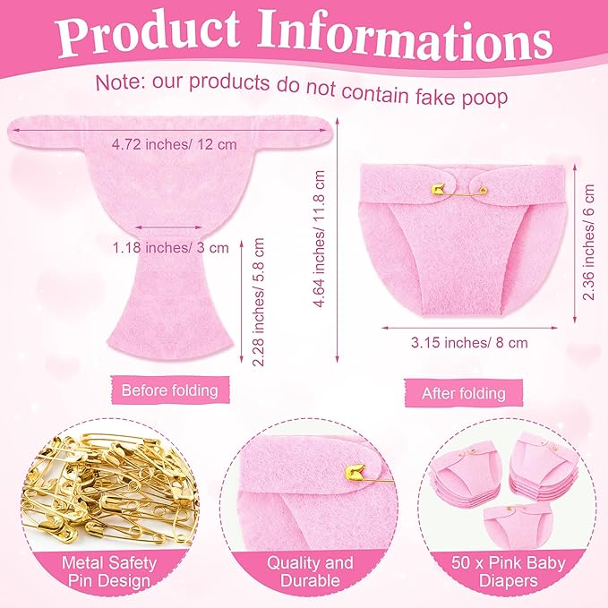 Roowest 51 Pcs Dirty Diaper Baby Shower Games Funny Wooden Sign with 50 Pcs Mini Diapers Cute Felt for Gender Reveal Party Baby Shower(Pink Butterfly)