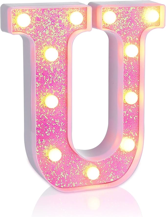 Foaky Pink Light up Letters，Pink Party Decorations,Girls Room Decor,Glitter Light Up Letters,Alphabet Letter Sign for Night Light Birthday Party Girls Gifts, Home Bar Decoration（U）