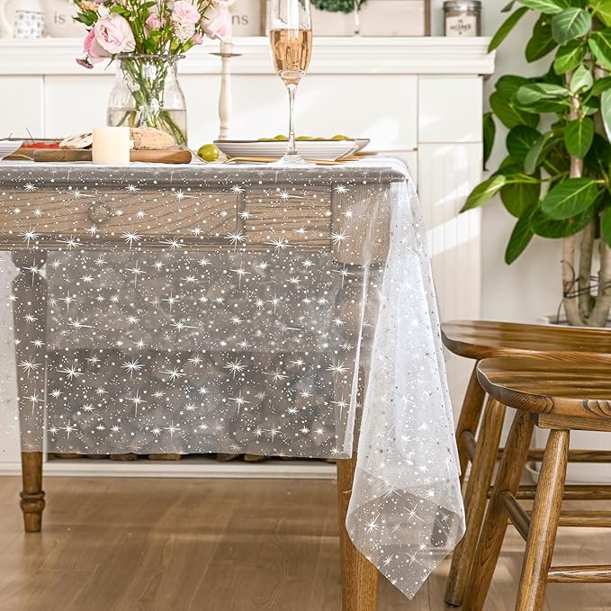 Horaldaily White Silver Sparkling Star Gauze Tablecloth 60x84 Inch Rectangular, Silver Star Sequin Glitter Metallic Foil, Sheer Tulle Cheesecloth for Wedding Baby Shower Party
