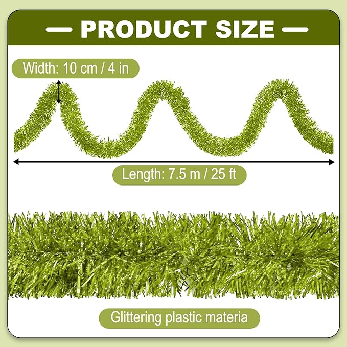 25 Feet Christmas Tinsel Garland, Metallic Twist Garland Wall Hanging Tinsel Garland Backdrop for Parade Floats, Carnival, Birthday, Wedding, New Year Party Decorations (Light Green, 4in x 25ft)