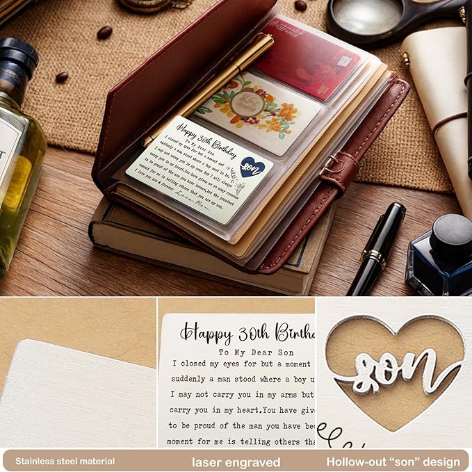 Happy 30th Birthday Wallet Insert for Son from Mom, Stainless Steel Laser-Engraved Postcard with Heart Cutout, Adult Son Birthday Gift, Sentimental Pocket Keepsake for Milestone Celebration QBK11