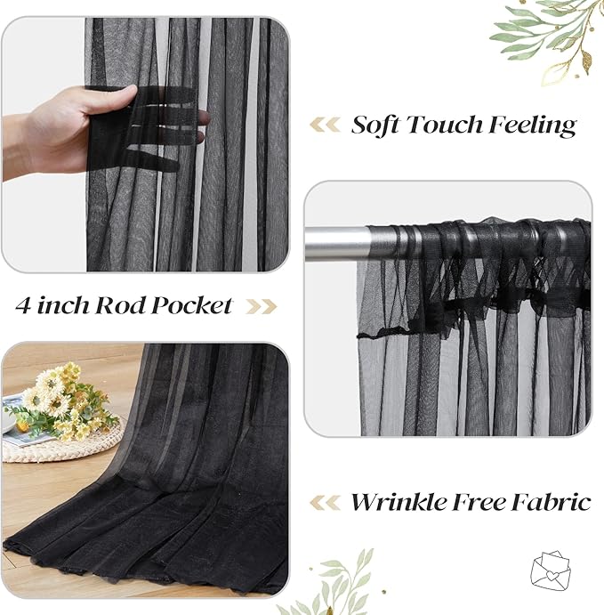 20ft x 10ft Black Backdrop Curtain with Lights String for Parties, Sheer Tulle Wedding Photo Backdrops Drapes for Baby Shower Birthday Party Decorations Background for Photography