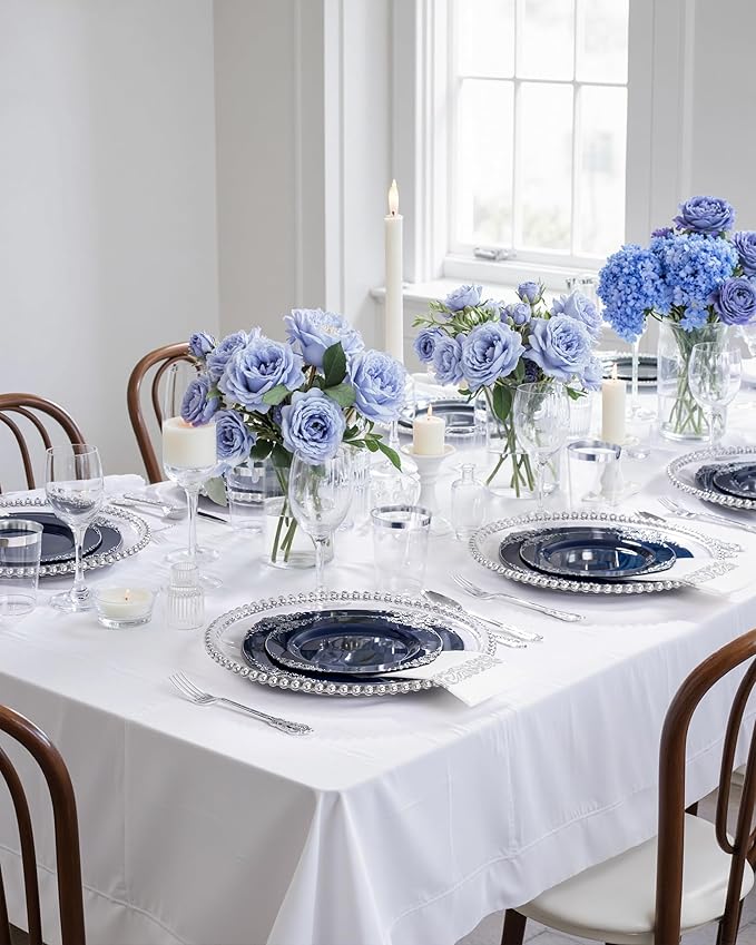 Hioasis 175pcs Blue and Silver Plastic Plates - Elegant Disposable Dinnerware Set Suitable for 25 Guests Include 10.25" Dinner & 7.5" Dessert Plates, Cutlery, Napkins, Cups for Party & Wedding