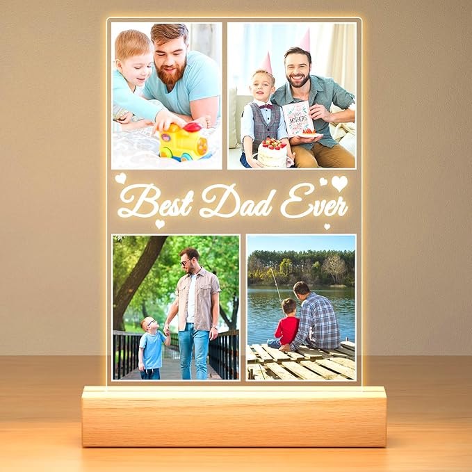 Best Dad Ever Gifts, Custom Collage Picture Frames with Night Light, Personalized Photo Frame, Customized Picture Frame with Photo, Personalized Birthday Gifts for Dad Baby Kids Family