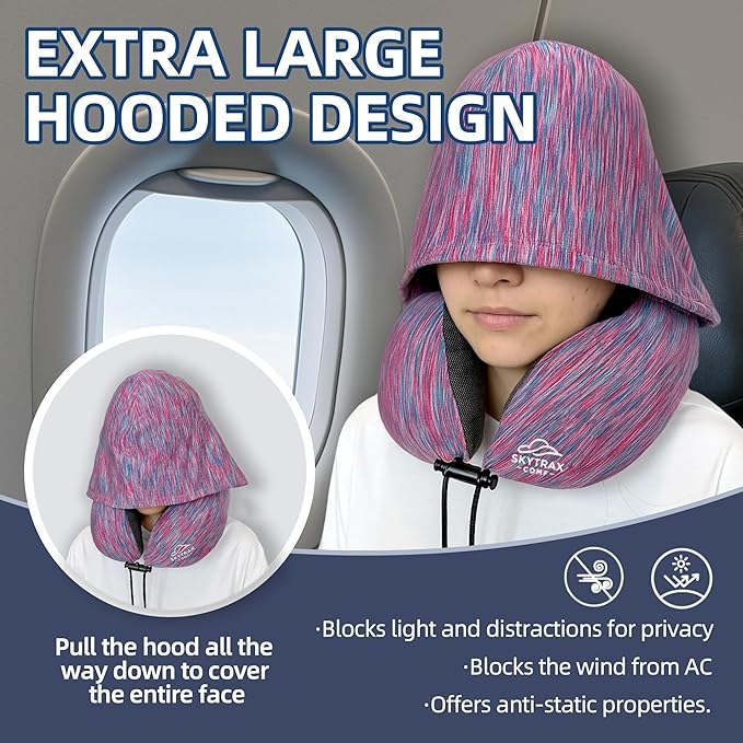 Travel Pillow with Extra Large Hood for Airplane Long Flights Privacy and Comfort Memory Foam with Skin-Friendly Cover for Road Trip Head&Neck Support for Plane Office Cars Sleeping & Rest(Colorful)