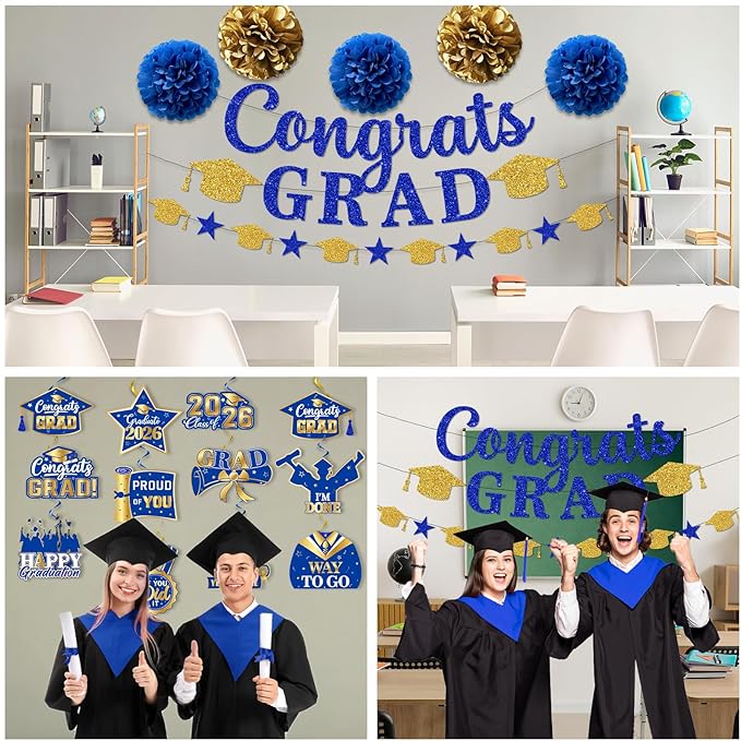 Graduation Decorations 2026, Glitter Congrats Grad Banner Hanging Swirls and Tissue Pom Poms, Blue and Gold Graduation Decorations 2026 for Class of 2026 College Graduations Party Decorations