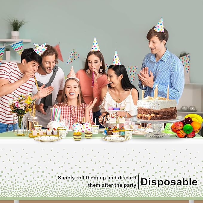 12 Pack White and Sage Green Tablecloth Party Decorations Plastic White Tablecloth Printed Sage Green Table Runner 54 x108 Inch Disposable Rectangle Table Cover for Birthday Graduation