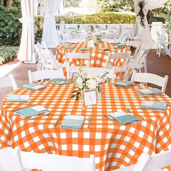 Mulbozy Orange Gingham Tablecloth 4 Pack, 54 x 108 Inch Plastic Table Cloth Disposable, Orange and White Checkered Table Cover for Party Supplies
