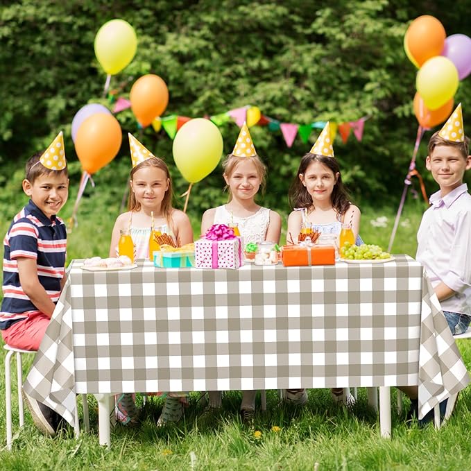 WNINK 4 Pack Brown Checkered Rectangular Plastic Tablecloths, Brown and White Gingham Waterproof Disposable Table Covers 54" x 108" for Birthday, Baby Shower, Wedding, Outdoor Picnic Parties