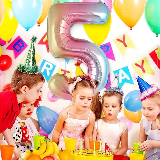 Rainbow Gradient Number 5 Balloon, 40 Inch Big Large Foil Number Balloons, Jumbo Mylar Number 5 Balloons for 5 Year Old Birthday Party Decorations Supplies Anniversary Celebration
