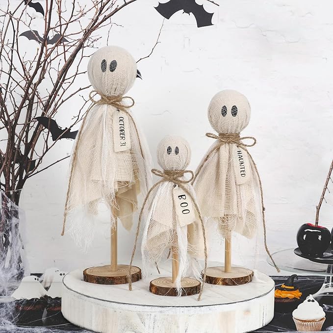 DAZONGE Halloween Decorations Indoor - Set of 3 Primitive Halloween Ghosts on Wooden Stand for Table Centerpieces, Shelves, and Mantels