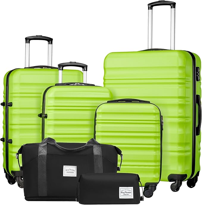 LONG VACATION 6 Piece Luggage Set Carry on Suitcase with ABS+PC hardshell, Spinner Wheels & YKK Zipper TSA Lock (APPLE GREEN, 6 piece set)
