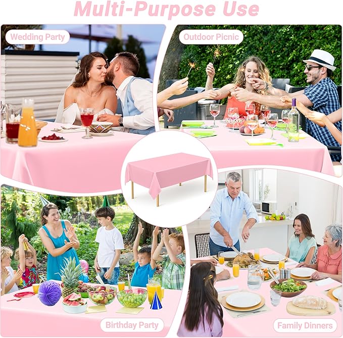 QZYL 12 PCS Pink Table Cloth Rectangle, Plastic Disposable Tablecloths, Decorative Plastic Tablecover, 54 X 108 in Smooth Outdoor Tablecloth, Table Decoration for Parties Picnics Birthdays Weddings