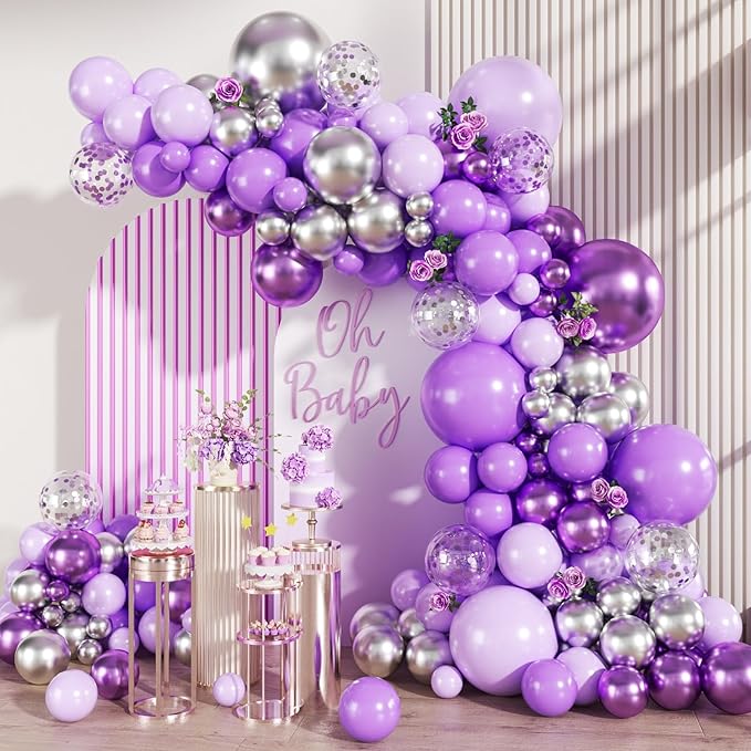 Purple Silver Balloon Arch Kit, 147PCS Pastel Purple Matte Lavender Violet Metallic Lilac Silver Confetti Balloons Garland for Baby Girl Princess Party Birthday